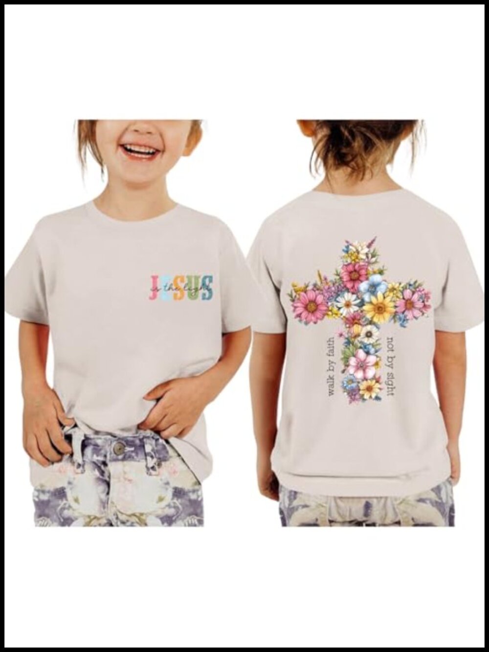 Girls Jesus is the Light Christian Graphic Tee Floral Cross Faith Shirt